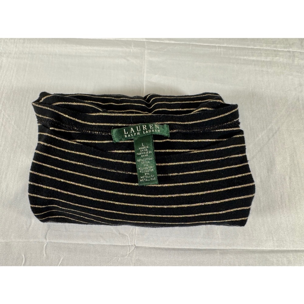 Lauren Ralph Lauren Black Gold Metallic Striped Boat Neck Knit Top Large